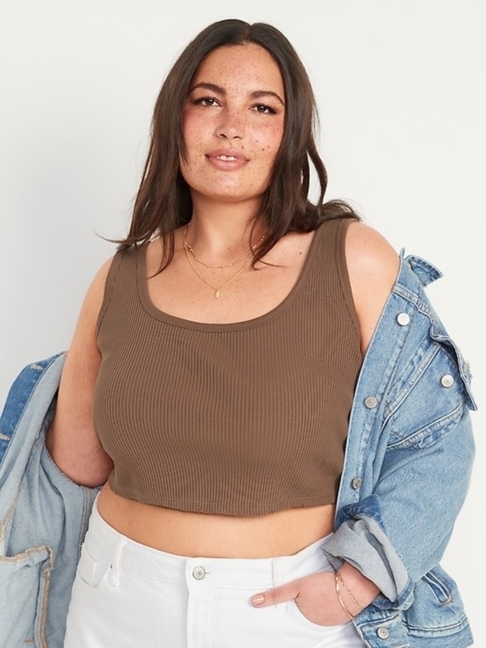 Ribbed Scoop Neck Crop Tank - Brown